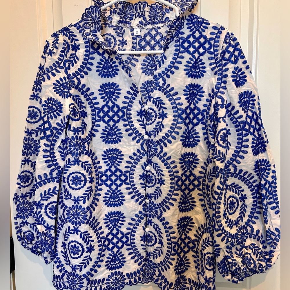 Royal blue and white Embroidery Floral Print Button Front Blouse.